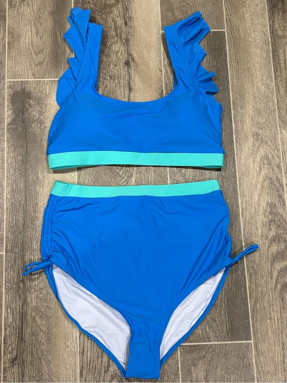 Women’s Blue Two-Piece Ruffle Strap Swim Set with High Waisted Bottom